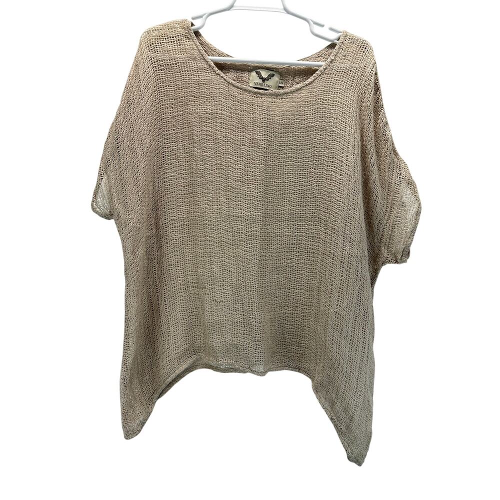 Vero Lino Organic Linen Handloomed Handkerchief Hem Tunic Top Beige S/M